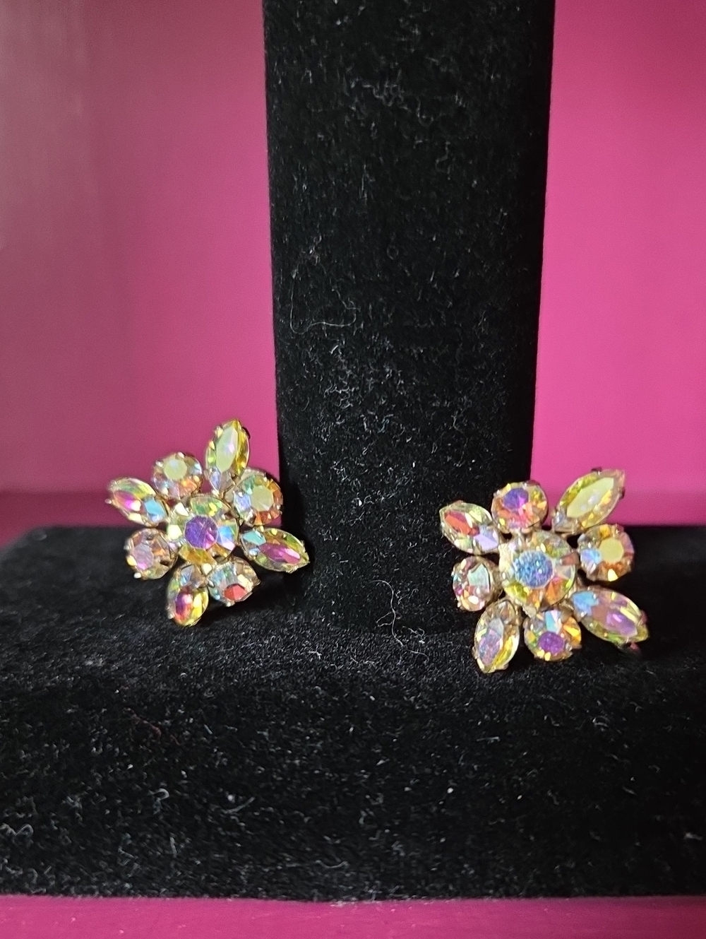 Vintage Mid-Century Sherman Aurora Borealis Crystal Screw-Back Earrings
